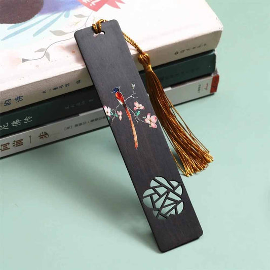 Marque Page Bois Oiseau Japonais | Motif Fleur et Pompon